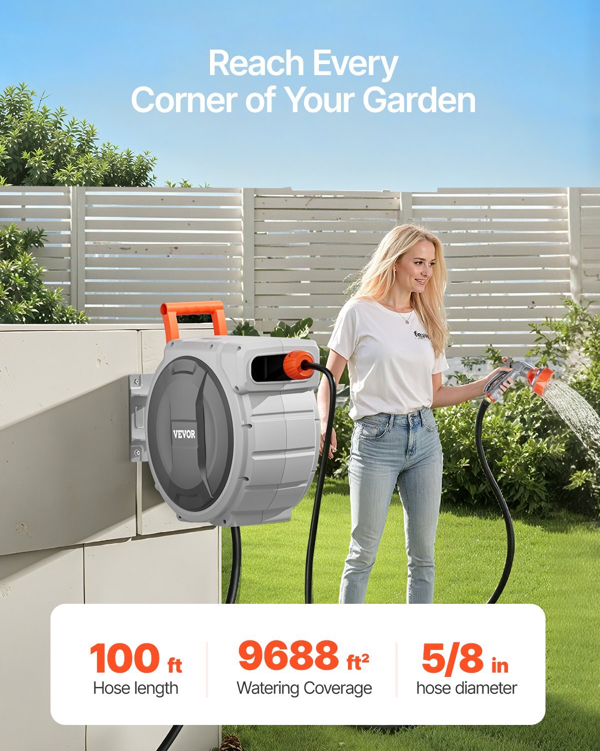 Retractable Garden Hose Reel, 5/8 Inch x 100 ft Wall Mounted Hose Reel, Heavy Duty Garden Hose Reel with 9 Patterns Nozzle, Any Length Lock, Upgraded Slow Return System and 180?Swivel Bracket