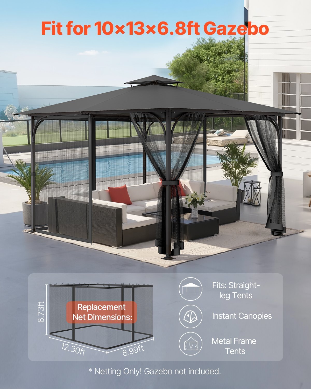 Gazebo Netting Replacement, Fit Most 10 x 13 x 6.8 FT Gazebo Curtain, Outdoor Garden Net, 4-Panel Sidewall Mesh Net, Patio Midge Netting with Double Zipper, Canopy Screen (Netting Only)