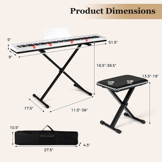 88-Key Electric Piano Keyboard with Adjustable Stand and  Portable Bag-White - Color: White