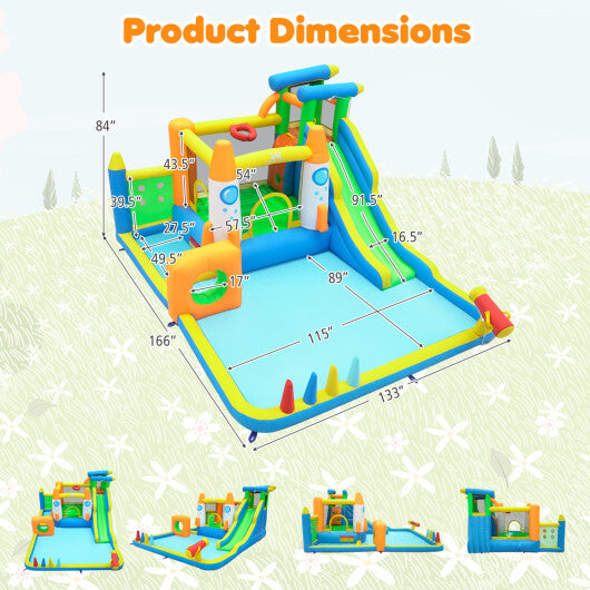 10-in-1 Inflatable Bounce House with Water Slide and 680W Blower for Kids