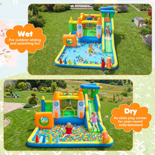 10-in-1 Inflatable Bounce House with Water Slide and 680W Blower for Kids