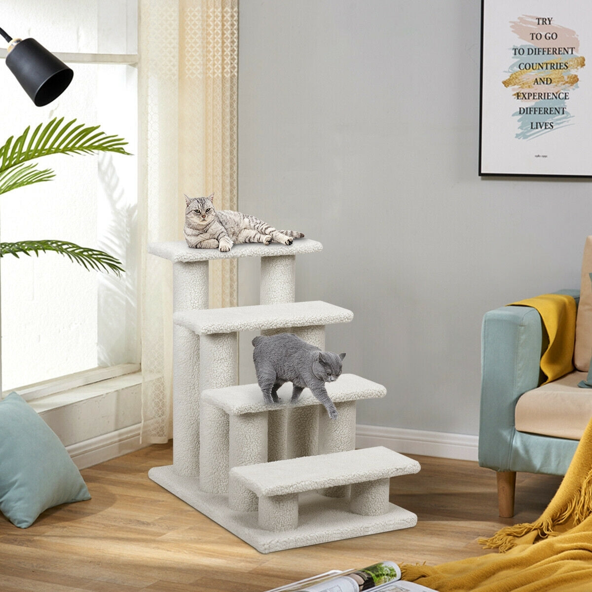4-Step Pet Stairs Carpeted Ladder Ramp Scratching Post Cat Tree Climber-Beige - Color: Beige