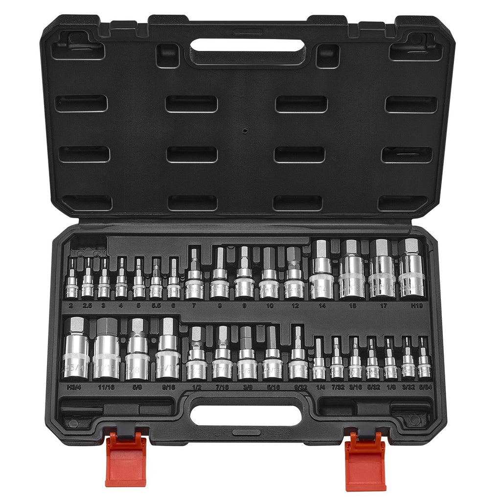 Hex Bit Socket Set, 32-Piece, S2 Alloy Steel and Cr-V Steel, Standard SAE and Metric, 1/4 in, 3/8 in, and 1/2 in Drives, with Enhanced Storage Case, Allen Socket Set for Mechanics, Auto Repair