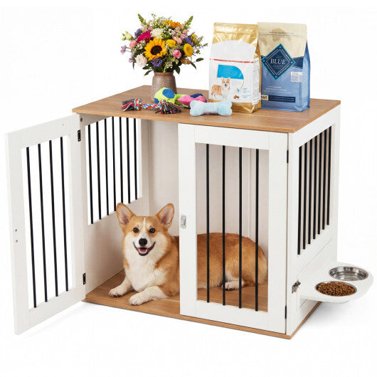 31.5" Dog Crate Furniture Wooden Dog Kennel with Double Lock Doors-White - Color: White