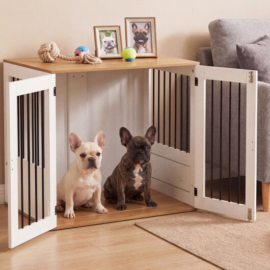 31.5" Dog Crate Furniture Wooden Dog Kennel with Double Lock Doors-White - Color: White