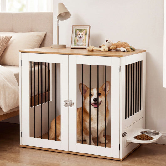 31.5" Dog Crate Furniture Wooden Dog Kennel with Double Lock Doors-White - Color: White