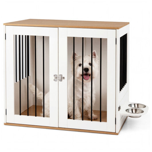 31.5" Dog Crate Furniture Wooden Dog Kennel with Double Lock Doors-White - Color: White