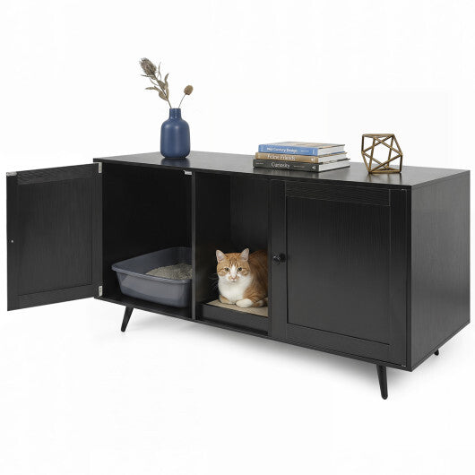 Double Cat Litter Box Enclosure for 2 Cats with Scratching Pad and Double Rooms-Black - Color: Black