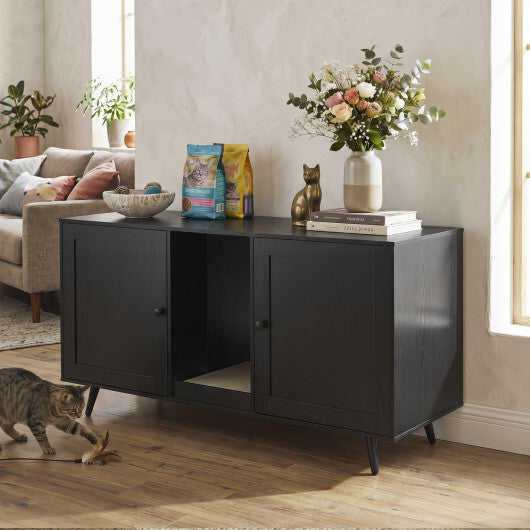 Double Cat Litter Box Enclosure for 2 Cats with Scratching Pad and Double Rooms-Black - Color: Black
