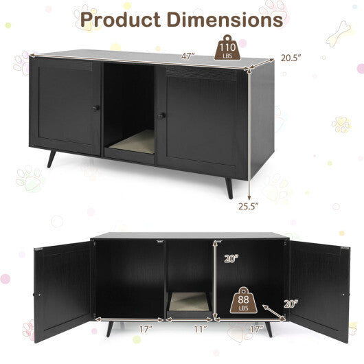 Double Cat Litter Box Enclosure for 2 Cats with Scratching Pad and Double Rooms-Black - Color: Black