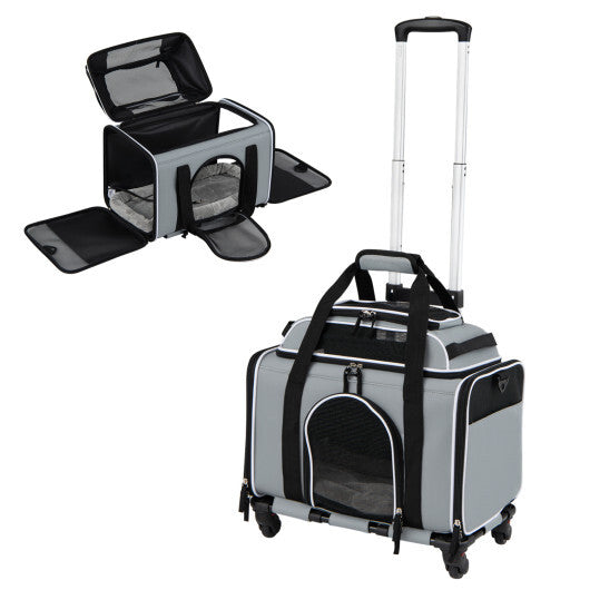 Foldable Pet Carrier with Wheels Airline Approved Rolling Cat and Dog Carrier-Grey - Color: Gray