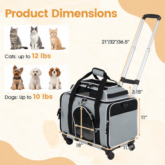 Foldable Pet Carrier with Wheels Airline Approved Rolling Cat and Dog Carrier-Grey - Color: Gray