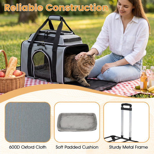 Foldable Pet Carrier with Wheels Airline Approved Rolling Cat and Dog Carrier-Grey - Color: Gray
