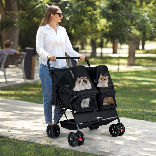 Foldable Double Pet Stroller with Adjustable Sunshade and Storage Basket-Black - Color: Black