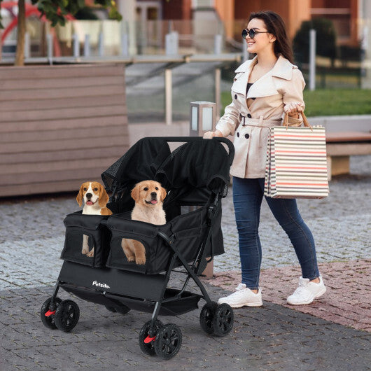 Foldable Double Pet Stroller with Adjustable Sunshade and Storage Basket-Black - Color: Black