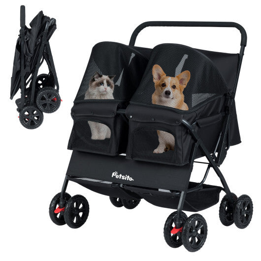 Foldable Double Pet Stroller with Adjustable Sunshade and Storage Basket-Black - Color: Black