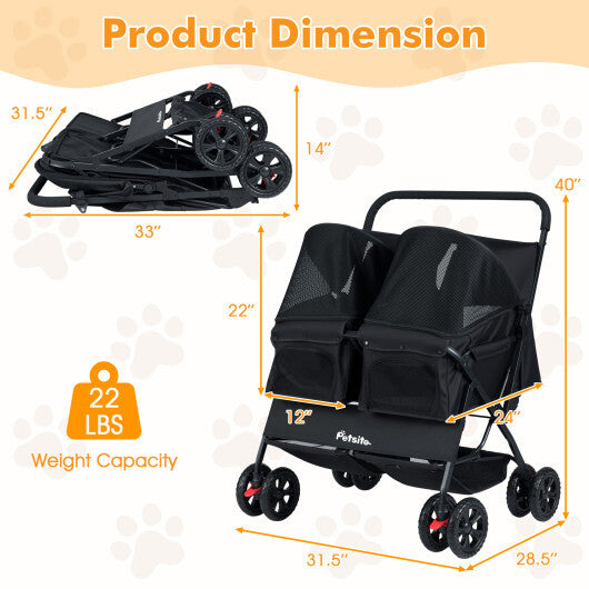 Foldable Double Pet Stroller with Adjustable Sunshade and Storage Basket-Black - Color: Black