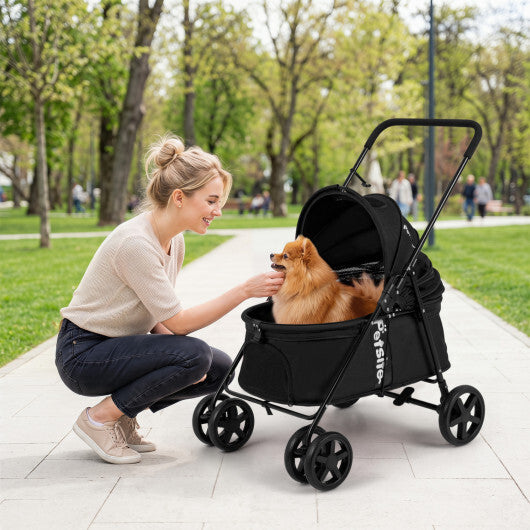 Pet Stroller for Small Medium Dogs Foldable with One-Step Rear Brake and Canopy-Black - Color: Black