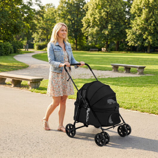 Pet Stroller for Small Medium Dogs Foldable with One-Step Rear Brake and Canopy-Black - Color: Black
