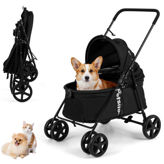 Pet Stroller for Small Medium Dogs Foldable with One-Step Rear Brake and Canopy-Black - Color: Black