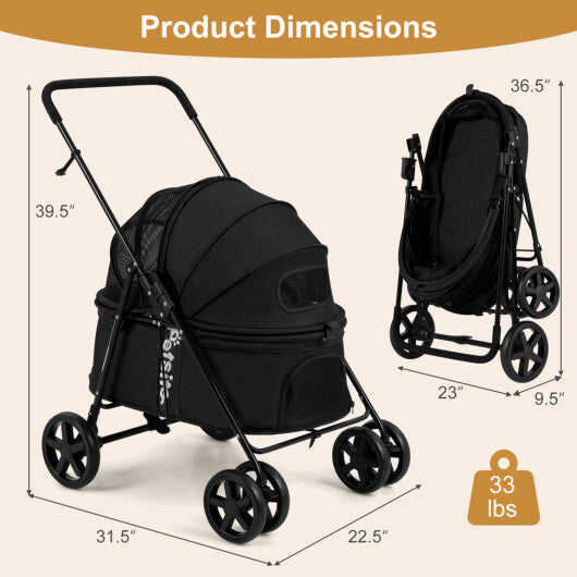 Pet Stroller for Small Medium Dogs Foldable with One-Step Rear Brake and Canopy-Black - Color: Black