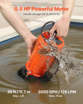 1/2 HP Submersible Trash Pump, 2000 GPH, 120V Cast Iron Submersible Sump Sewage Pump with 2 in Discharge, 39 ft Max Lift, Drain Dirty Clean Water, for Pools, Garden, Pond, Basement, Flooded Area