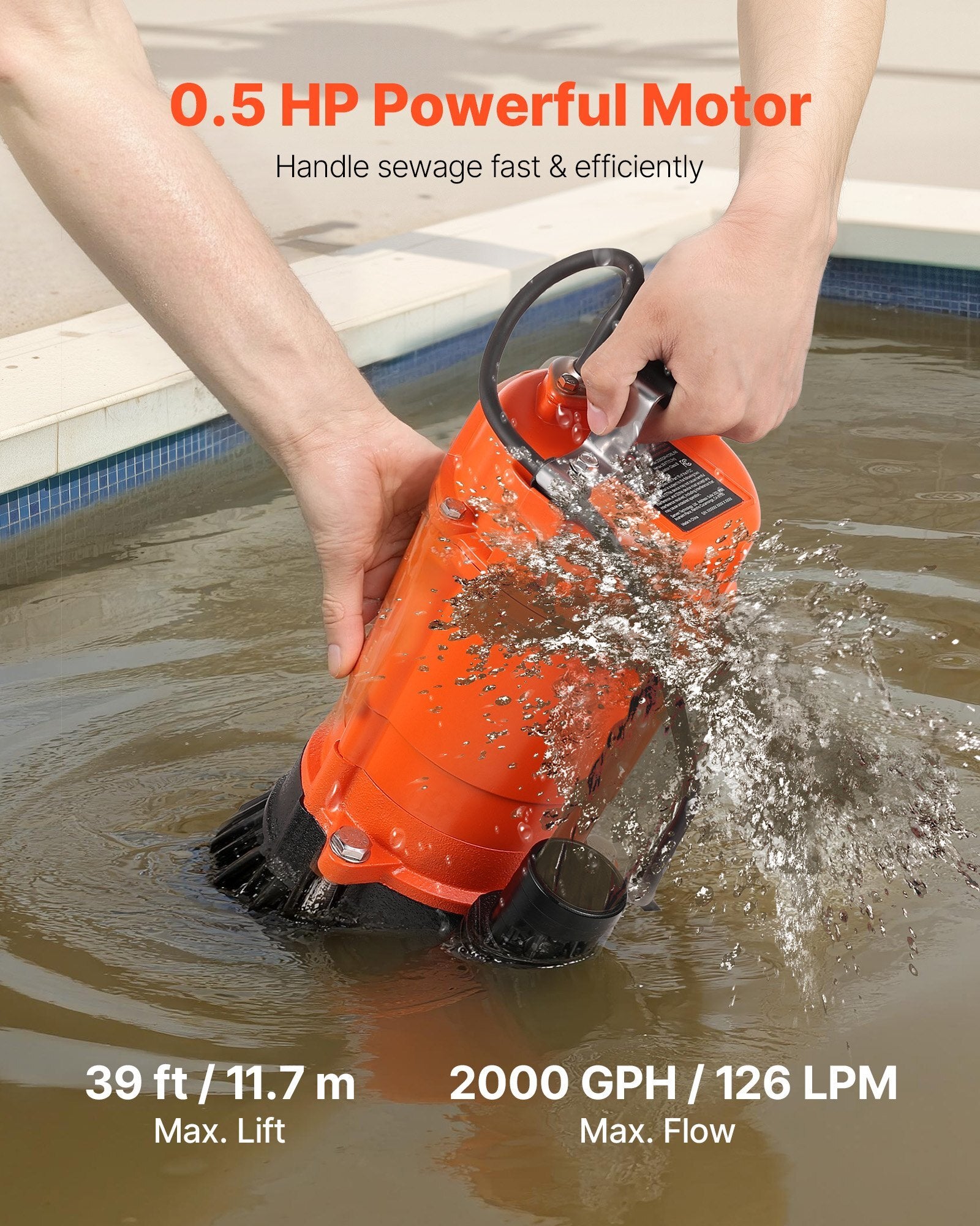 1/2 HP Submersible Trash Pump, 2000 GPH, 120V Cast Iron Submersible Sump Sewage Pump with 2 in Discharge, 39 ft Max Lift, Drain Dirty Clean Water, for Pools, Garden, Pond, Basement, Flooded Area
