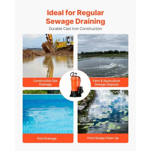 1/2 HP Submersible Trash Pump, 2000 GPH, 120V Cast Iron Submersible Sump Sewage Pump with 2 in Discharge, 39 ft Max Lift, Drain Dirty Clean Water, for Pools, Garden, Pond, Basement, Flooded Area