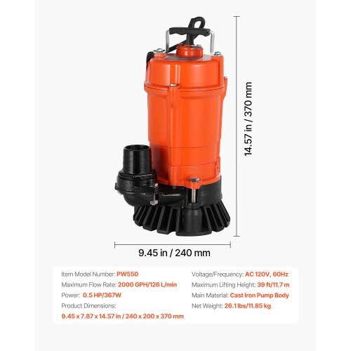 1/2 HP Submersible Trash Pump, 2000 GPH, 120V Cast Iron Submersible Sump Sewage Pump with 2 in Discharge, 39 ft Max Lift, Drain Dirty Clean Water, for Pools, Garden, Pond, Basement, Flooded Area