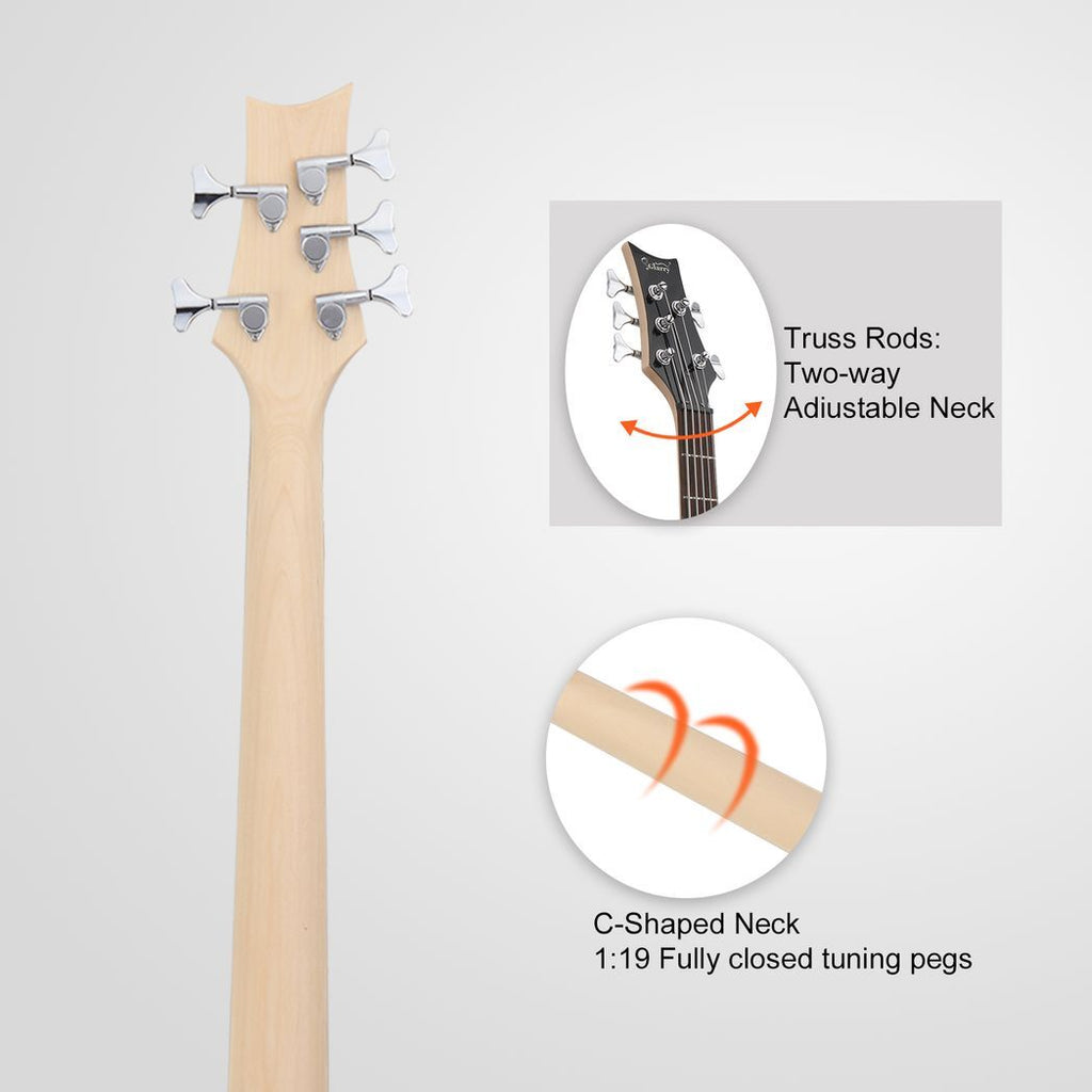 Glarry 44 Inch GIB 5 String H-H Pickup Laurel Wood Fingerboard Electric Bass Guitar with Bag and other Accessories Burlywood