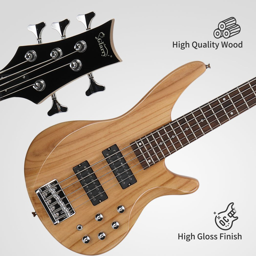 Glarry 44 Inch GIB 5 String H-H Pickup Laurel Wood Fingerboard Electric Bass Guitar with Bag and other Accessories Burlywood