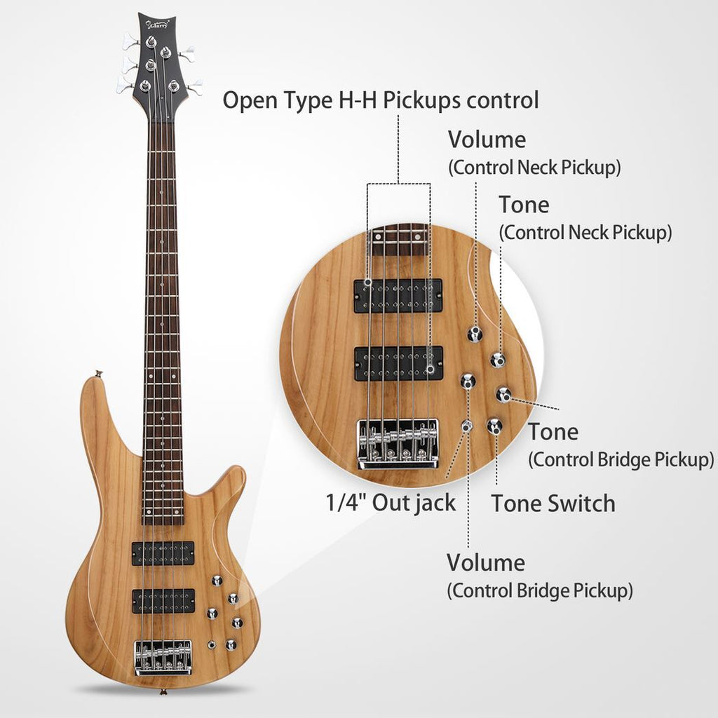 Glarry 44 Inch GIB 5 String H-H Pickup Laurel Wood Fingerboard Electric Bass Guitar with Bag and other Accessories Burlywood