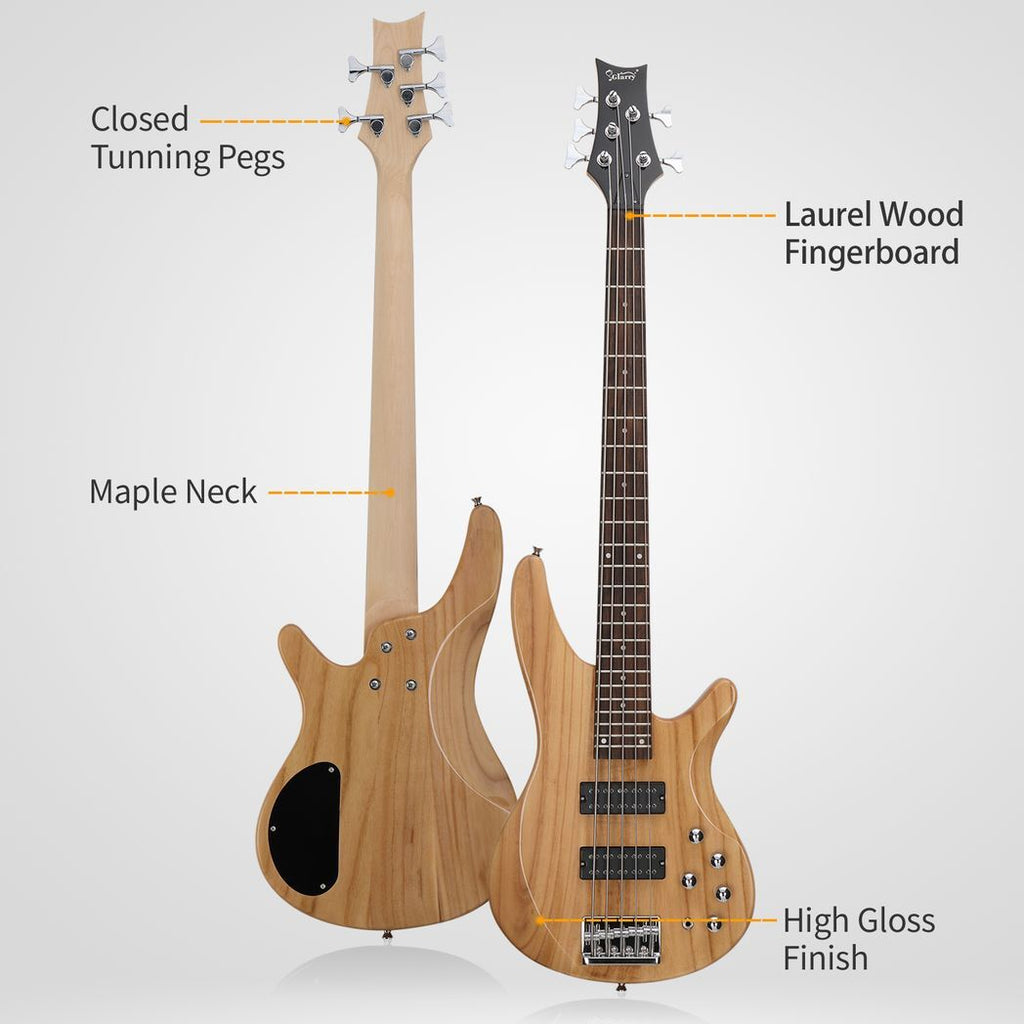 Glarry 44 Inch GIB 5 String H-H Pickup Laurel Wood Fingerboard Electric Bass Guitar with Bag and other Accessories Burlywood