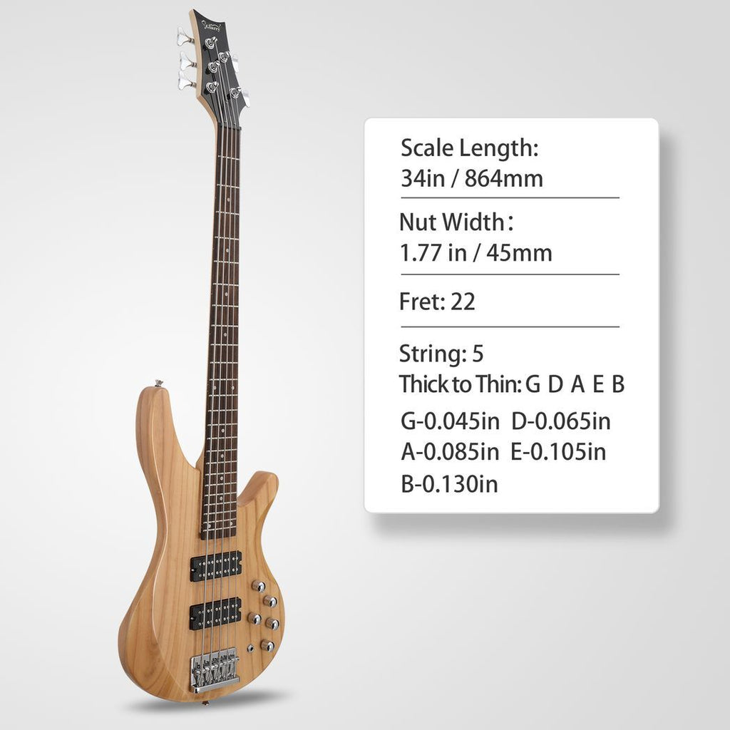 Glarry 44 Inch GIB 5 String H-H Pickup Laurel Wood Fingerboard Electric Bass Guitar with Bag and other Accessories Burlywood
