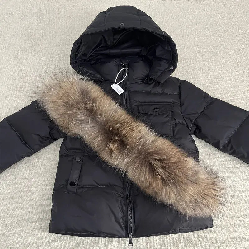 Color: Khaki, Kid Size: 4 - Kids Winter Down Jacket Shiny Real Raccoon Fur Collar Toddler Boys Hooded Coat Baby Girls Warm Snowsuit Children's Parkas