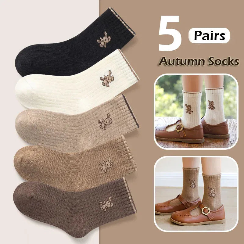 Color: SKY BLUE, Size: 2-3T - Autumn Socks Baby 5 Pairs Cartoon Bunny Pattern Socks Girls Calf Length Children Socks Solid Cotton Socks