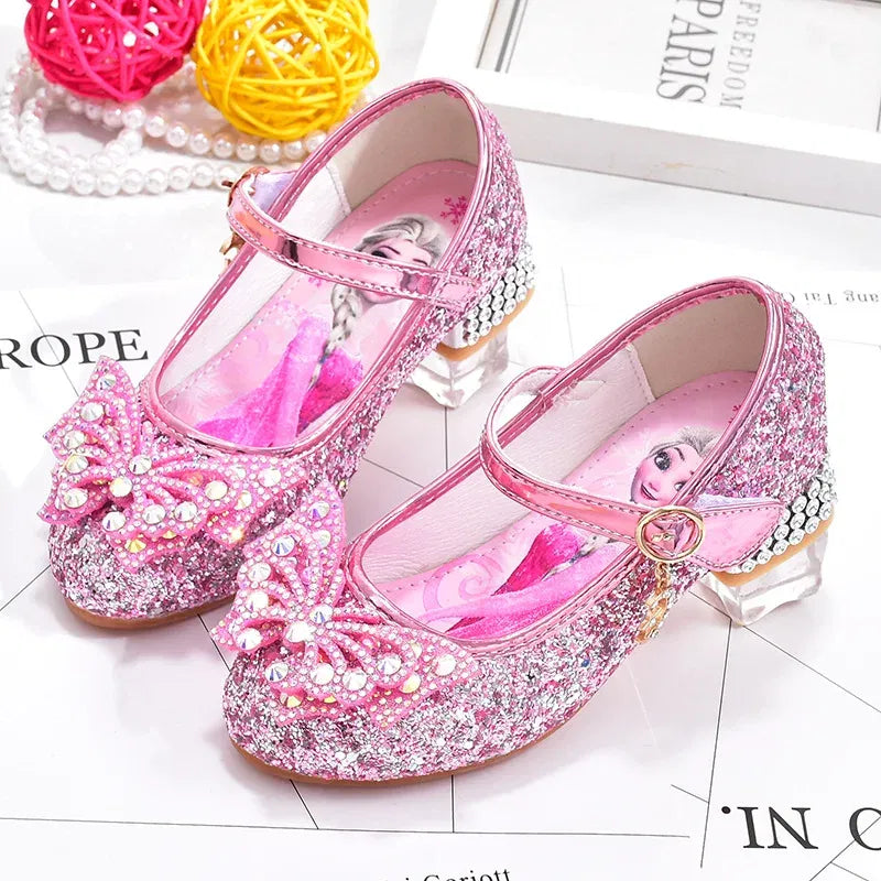 Color: Pink, Shoe Size: 30 - Disney Princess Elsa Leather Shoes Girls' High Heels Shoes Fashion Girls' Crystal Shiny Children's Blue Pink Shoes Size 26-35