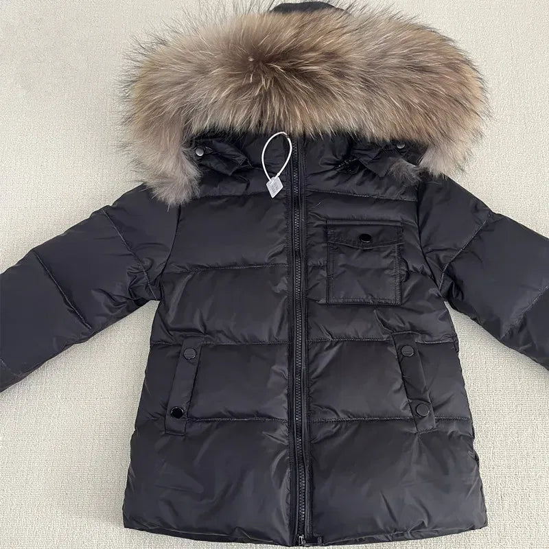 Color: Khaki, Kid Size: 4 - Kids Winter Down Jacket Shiny Real Raccoon Fur Collar Toddler Boys Hooded Coat Baby Girls Warm Snowsuit Children's Parkas