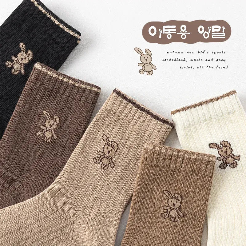 Color: SKY BLUE, Size: 2-3T - Autumn Socks Baby 5 Pairs Cartoon Bunny Pattern Socks Girls Calf Length Children Socks Solid Cotton Socks