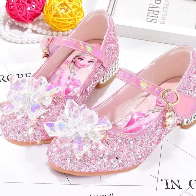 Color: Pink, Shoe Size: 30 - Disney Princess Elsa Leather Shoes Girls' High Heels Shoes Fashion Girls' Crystal Shiny Children's Blue Pink Shoes Size 26-35