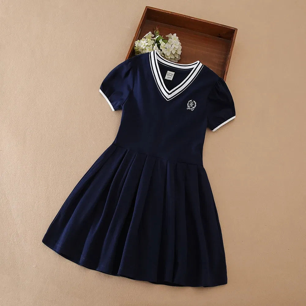 Color: WHITE, Kid US Size: 11T - Girls' White Summer Dress V-Neck Polo Pleated Dress for School 5-12 Years Girls Clothing
