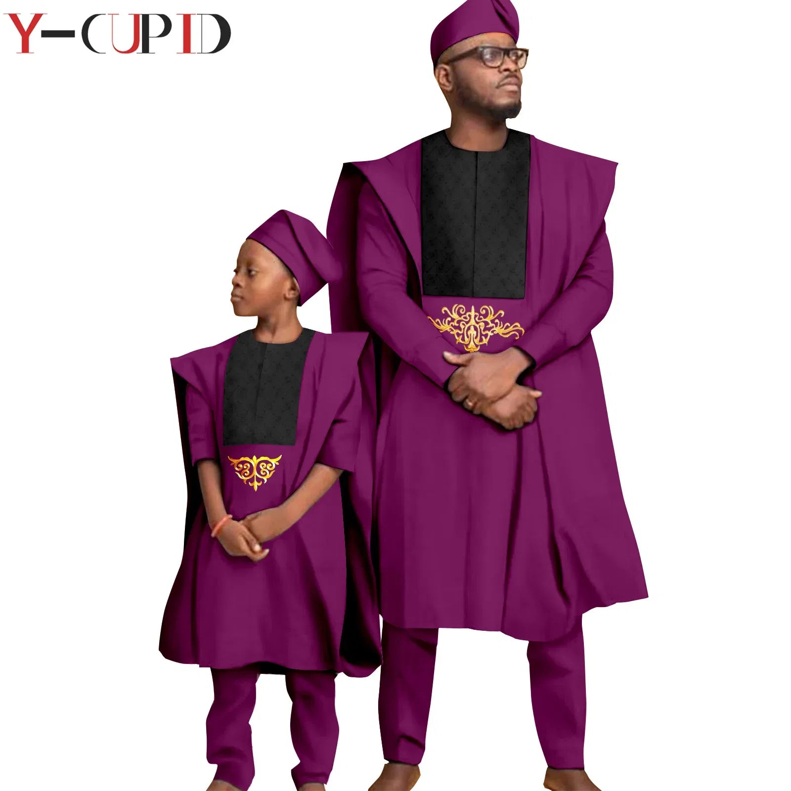 Color: MULTI, Size: Mother 6XL - African Clothes for Men Top Pants Robes Hat Sets Match Kid Boy Sets Dashiki Father and Son Bazin Riche Family Outfits Y20F001
