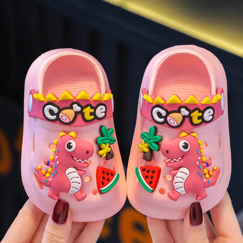 Color: Yellow, Shoe Size: 1 - Summer Childrens Slippers Hole Kids Sandals Soft Anti-Skid Cartoon Dinosaur DIY Design Indoor Anti-Slip Boys Girls Beach Shoes
