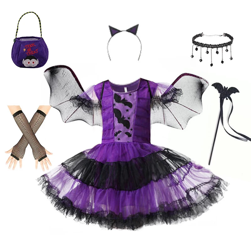 Kid Size: 14, Color: Khaki - Halloween Children Purple Vampire Costume Girls Dress Kids Clothes Baby Bat Spider Party Cosplay Headband +Wing Outfit
