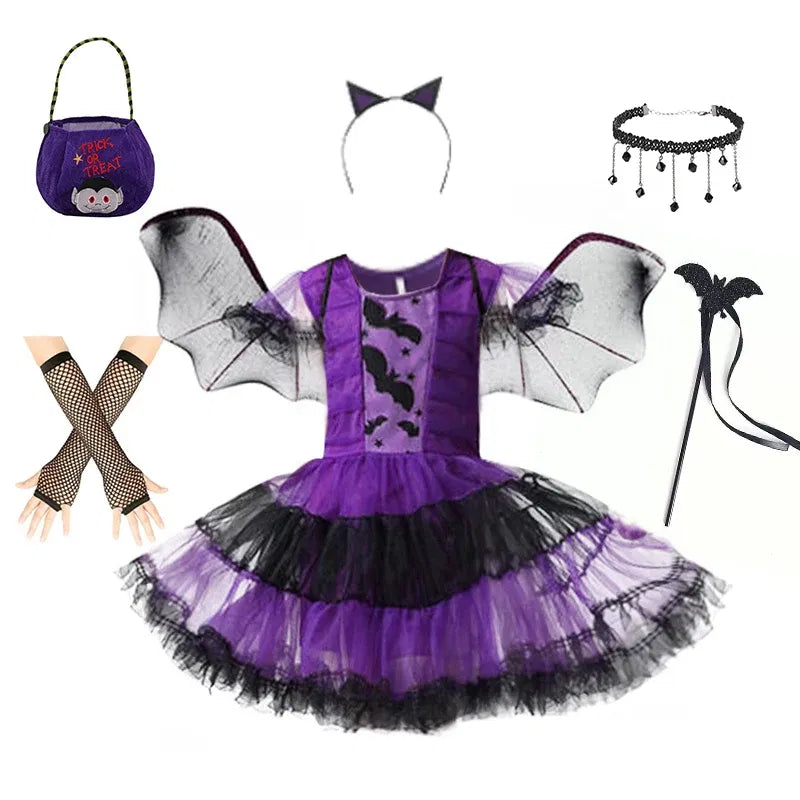Kid Size: 14, Color: Khaki - Halloween Children Purple Vampire Costume Girls Dress Kids Clothes Baby Bat Spider Party Cosplay Headband +Wing Outfit