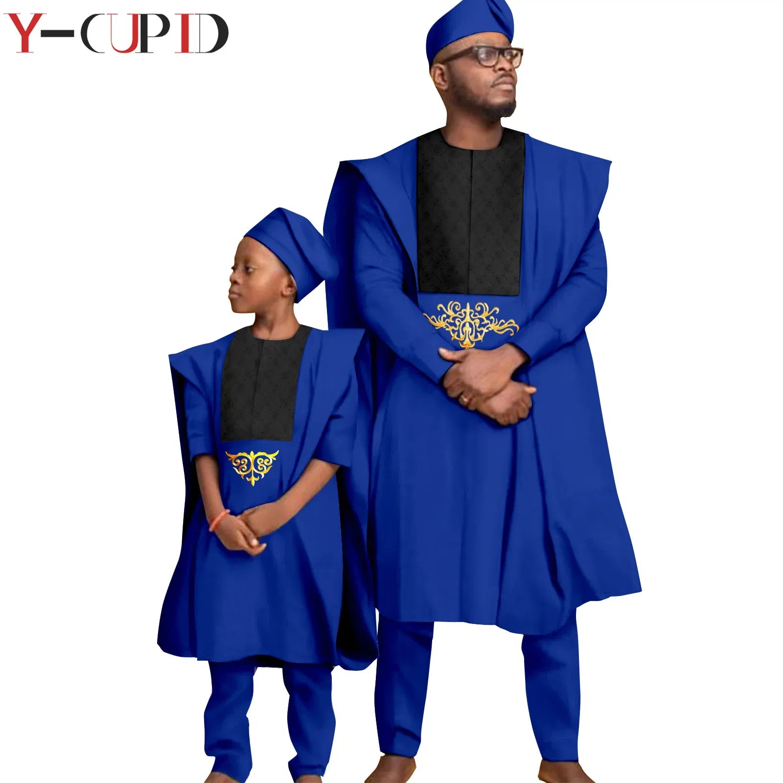 Color: MULTI, Size: Mother 6XL - African Clothes for Men Top Pants Robes Hat Sets Match Kid Boy Sets Dashiki Father and Son Bazin Riche Family Outfits Y20F001
