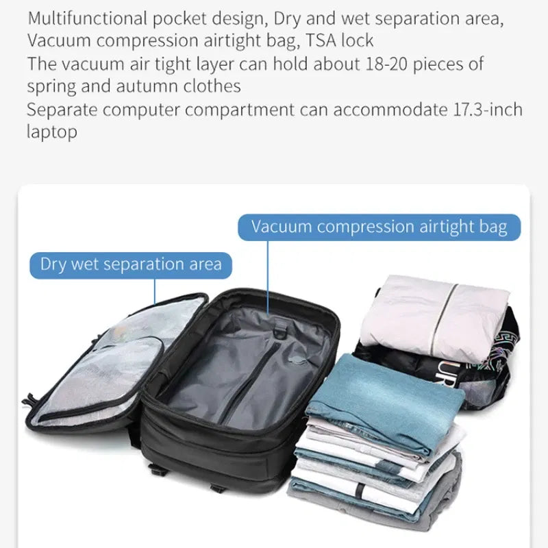 Color: Blue - Airback Vacuum Compression Backpack with Vacuum Pump 60L Expandable Travel Backpack for Men Women Airline Approved Business Bag