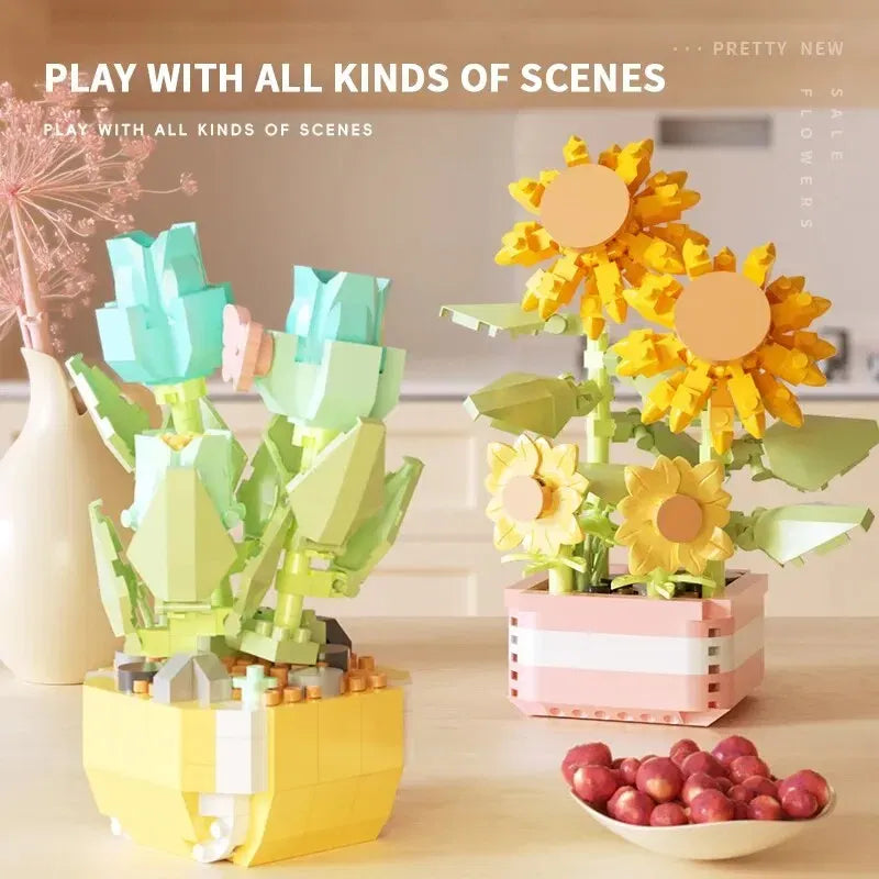 Color: Black - Flowers Plants Bonsai Building Blocks Succulent Potted Assembly Bricks Model Desktop Decoration Girl Toys Kids Holiday Gifts