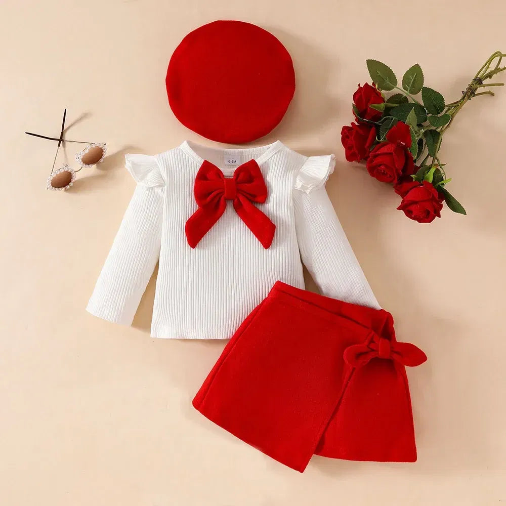 Color: LIGHT BLUE, Kid Size: 4T - Baby Girls Clothes New Year Set 0-3Y Long Sleeve Big Bow Top Irregular Skirt and Beret 3Pcs Toddler Christmas Clothes