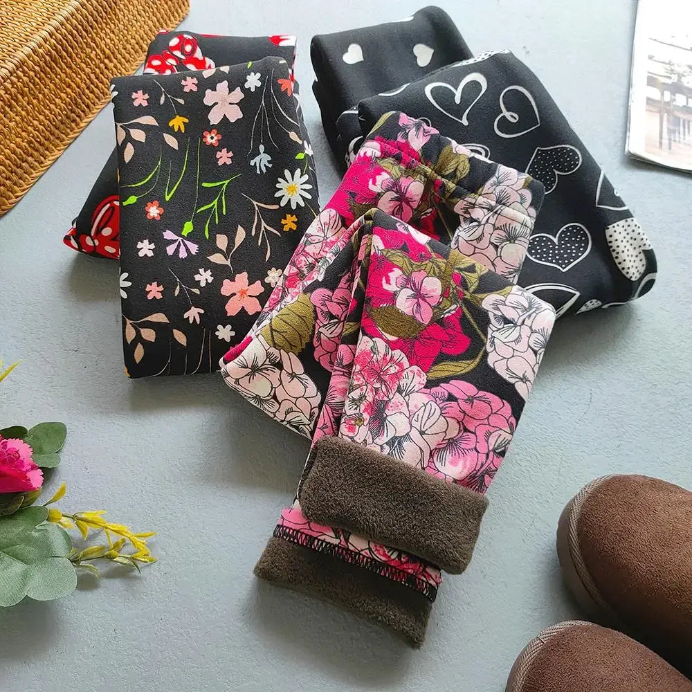 Color: Rose Red, Kid Size: 4T - Autumn Winter Print Flowers Thick Warm Kids Toddler Baby Girls Leggings Children's Pants